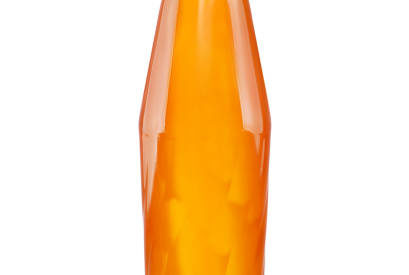 Orange fruit carbonated soft drink in small glass bottle isolated on white background